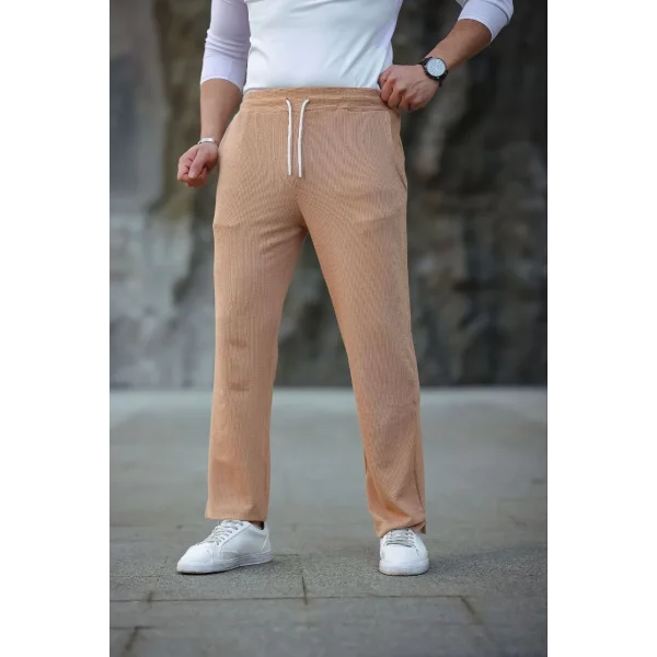 Erkek Paça Yırtmaçlı Burgu selanik dokulu Jogger Buggy Pantalon Rahat kalıp - Kahverengi