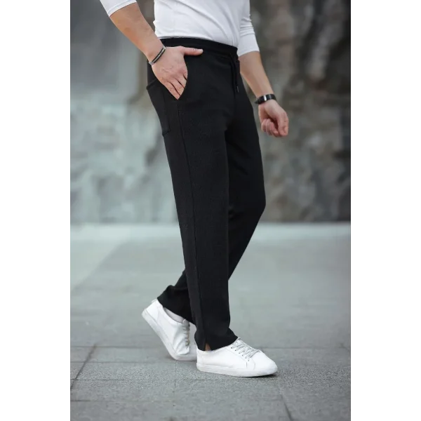 Erkek Paça Yırtmaçlı Burgu selanik dokulu Jogger Buggy Pantalon Rahat kalıp - Siyah