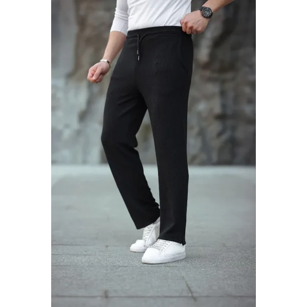 Erkek Paça Yırtmaçlı Burgu selanik dokulu Jogger Buggy Pantalon Rahat kalıp - Siyah