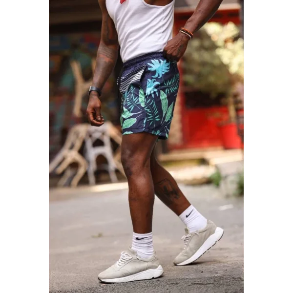 Erkek Palmiye Desenli Deniz Cepli Şort - Mavi