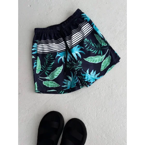 Erkek Palmiye Desenli Deniz Cepli Şort - Mavi