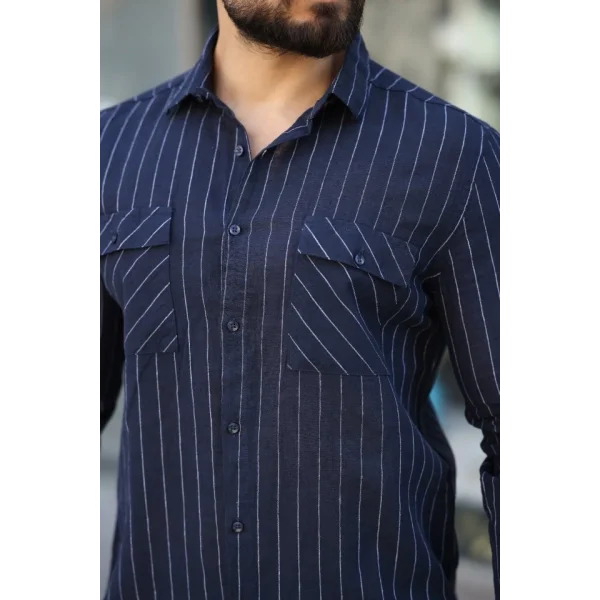 Erkek Pamuklu Çizgi Desenli Cep Detaylı Gömlek