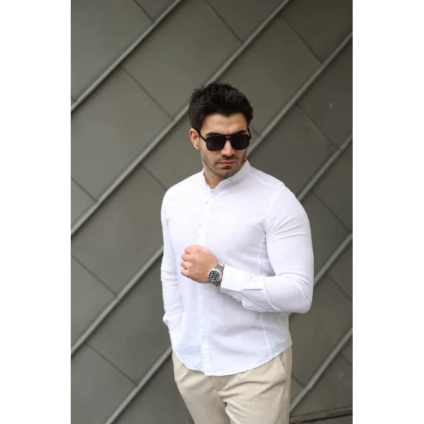 Erkek Pamuklu Keten Kumaş Hakim Yaka Gömlek