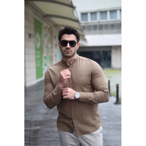 Erkek Pamuklu Keten Kumaş Hakim Yaka Gömlek