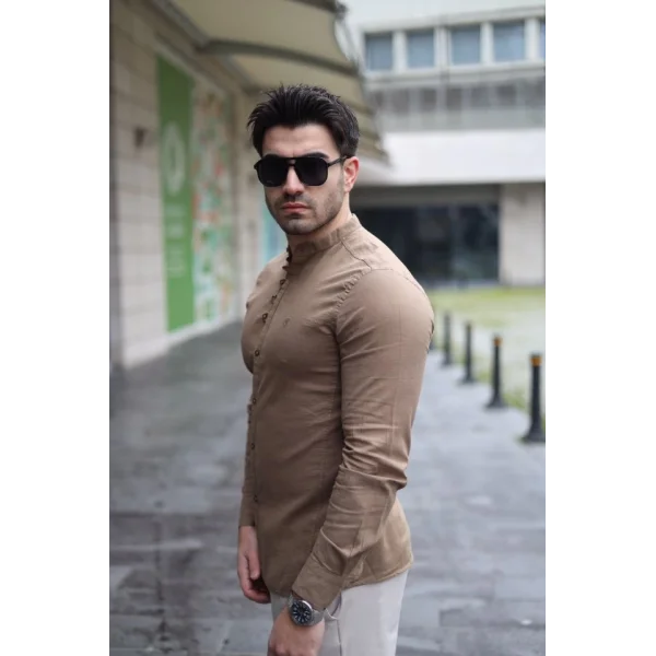 Erkek Pamuklu Keten Kumaş Hakim Yaka Gömlek