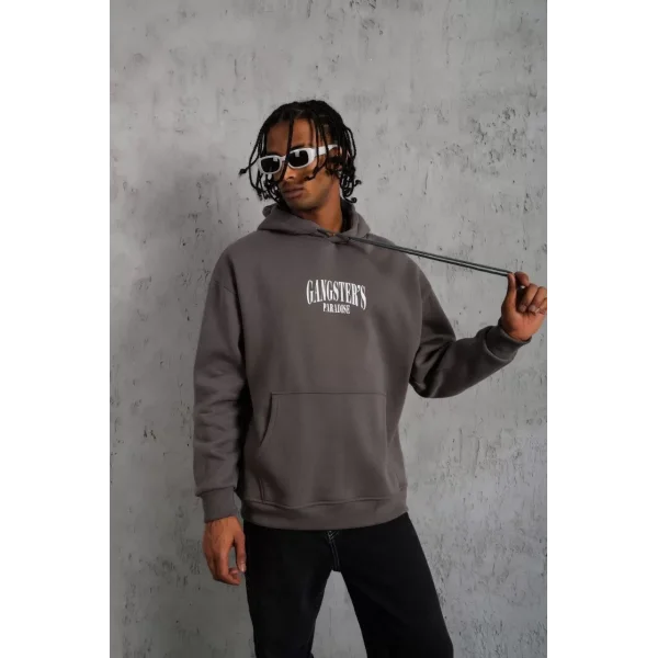 Erkek Paradise Baskılı Kapüşonlu Sweat - Gri