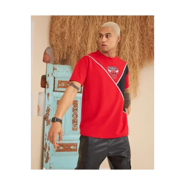 Erkek Parçalı Baskılı Oversize T-shirt - Kırmızı
