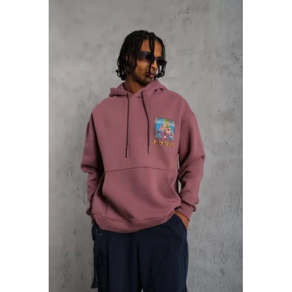 Erkek Patel Six Baskılı Kapüşonlu Sweat - Gül Kurusu