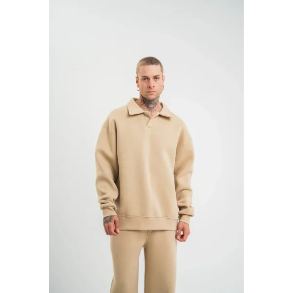 Erkek Patlı Yaka Üç İplik Pamuklu Sweatshirt Double Oversize Rahat Kalıp Günlük Kullanım – Bej