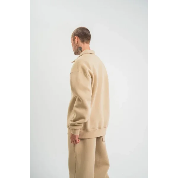 Erkek Patlı Yaka Üç İplik Pamuklu Sweatshirt Double Oversize Rahat Kalıp Günlük Kullanım – Bej