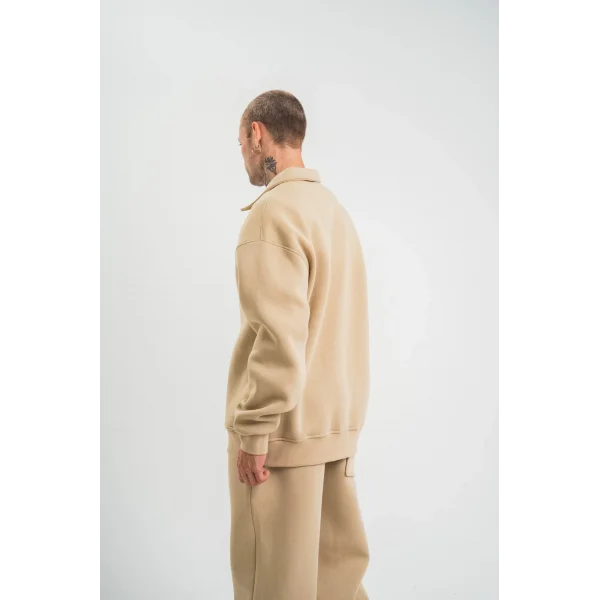 Erkek Patlı Yaka Üç İplik Pamuklu Sweatshirt Double Oversize Rahat Kalıp Günlük Kullanım – Bej