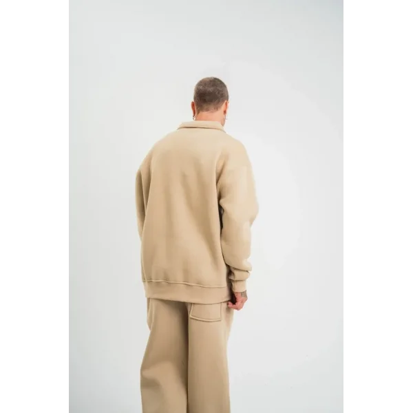 Erkek Patlı Yaka Üç İplik Pamuklu Sweatshirt Double Oversize Rahat Kalıp Günlük Kullanım – Bej