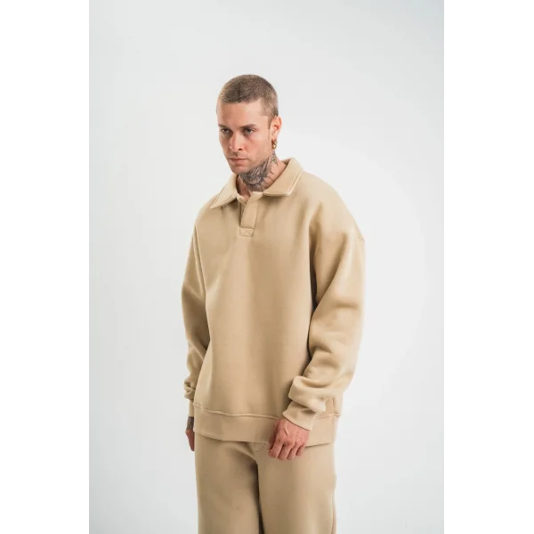 Erkek Patlı Yaka Üç İplik Pamuklu Sweatshirt Double Oversize Rahat Kalıp Günlük Kullanım – Bej