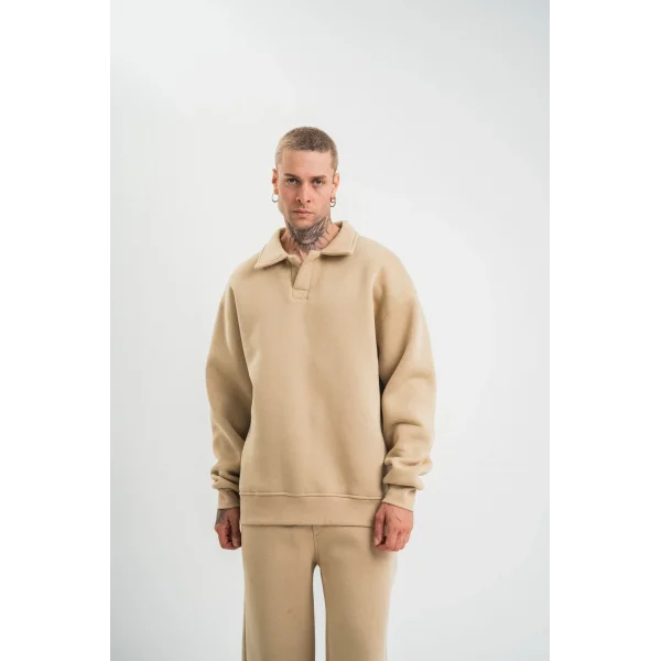 Erkek Patlı Yaka Üç İplik Pamuklu Sweatshirt Double Oversize Rahat Kalıp Günlük Kullanım – Bej