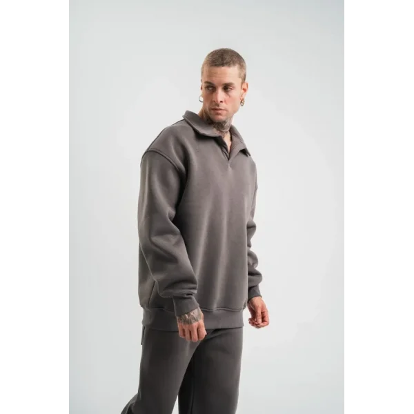 Erkek Patlı Yaka Üç İplik Pamuklu Sweatshirt Double Oversize Rahat Kalıp Günlük Kullanım - Füme