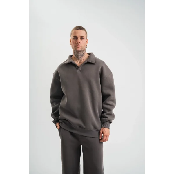 Erkek Patlı Yaka Üç İplik Pamuklu Sweatshirt Double Oversize Rahat Kalıp Günlük Kullanım - Füme