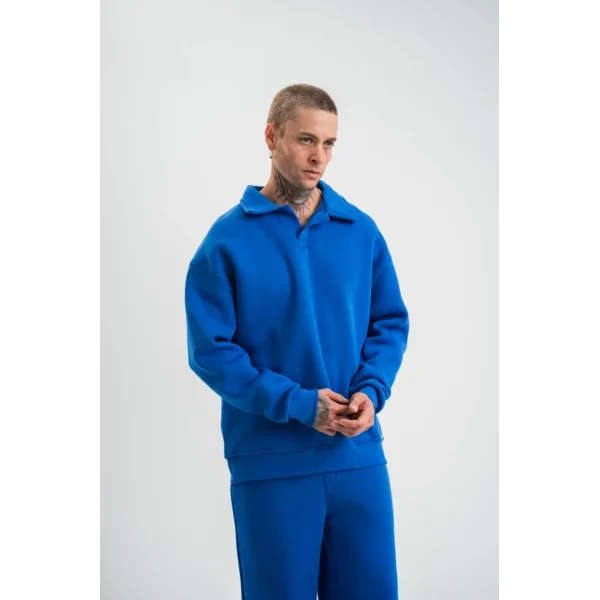 Erkek Patlı Yaka Üç İplik Pamuklu Sweatshirt Double Oversize Rahat Kalıp Günlük Kullanım - Mavi