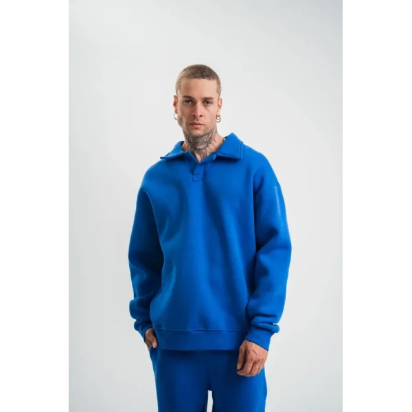 Erkek Patlı Yaka Üç İplik Pamuklu Sweatshirt Double Oversize Rahat Kalıp Günlük Kullanım - Mavi