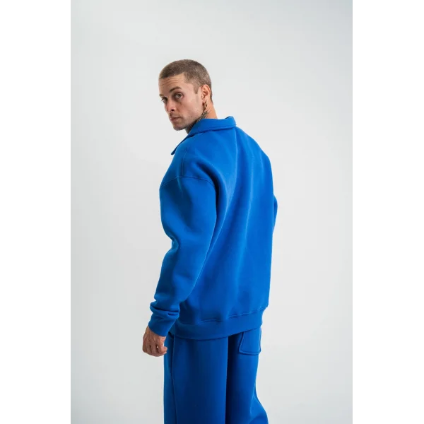 Erkek Patlı Yaka Üç İplik Pamuklu Sweatshirt Double Oversize Rahat Kalıp Günlük Kullanım - Mavi