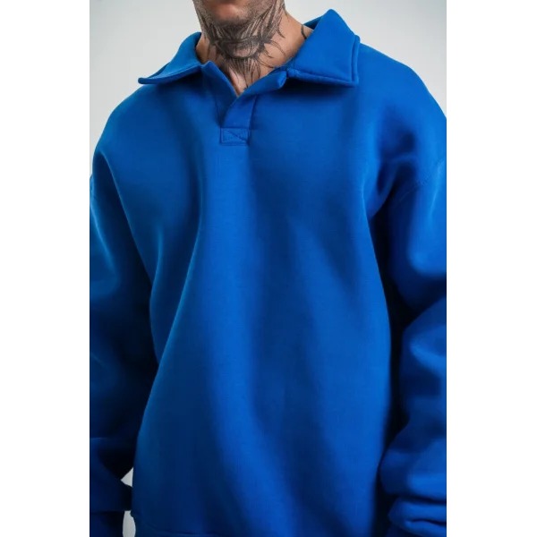 Erkek Patlı Yaka Üç İplik Pamuklu Sweatshirt Double Oversize Rahat Kalıp Günlük Kullanım - Mavi