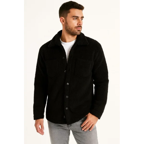 Erkek Pelüş Polar Hırka Gömlek – Yakalı, İlik Düğmeli, Göğüs Cepli, Yumuşak Dokulu Kışlık Regular Fit Rahat Günlük Model - Siyah