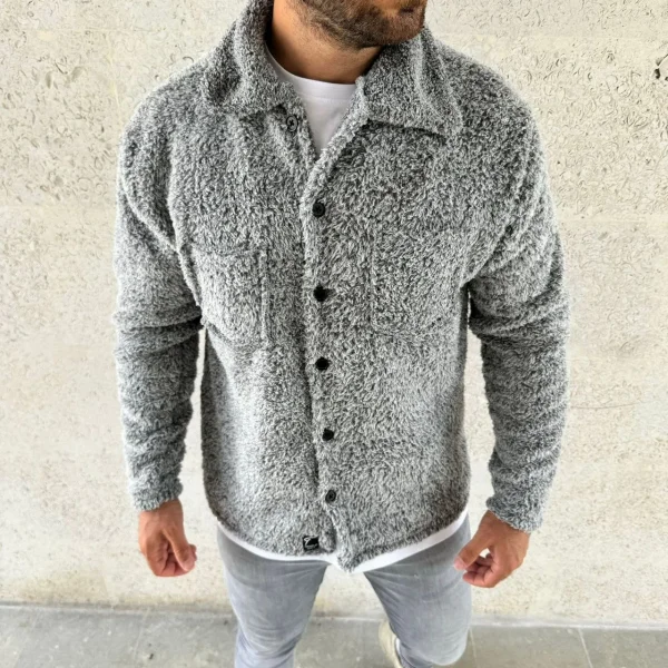Erkek Pelüş Polar Hırka Gömlek – Yakalı, İlik Düğmeli, Göğüs Cepli, Yumuşak Dokulu Kışlık Regular Fit Rahat Günlük Model - Gri