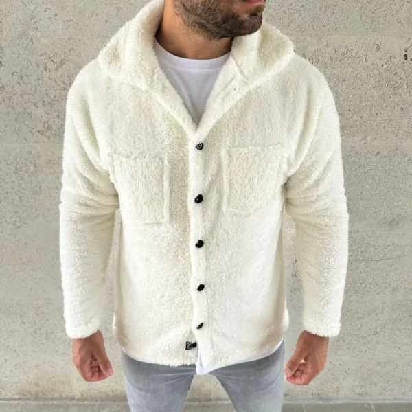 Erkek Pelüş Polar Hırka Gömlek – Yakalı, İlik Düğmeli, Göğüs Cepli, Yumuşak Dokulu Kışlık Regular Fit Rahat Günlük Model - Beyaz