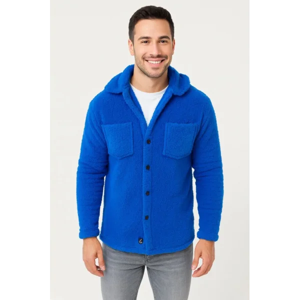 Erkek Pelüş Polar Hırka Gömlek – Yakalı, İlik Düğmeli, Göğüs Cepli, Yumuşak Dokulu Kışlık Regular Fit Rahat Günlük Model - Saks Mavisi