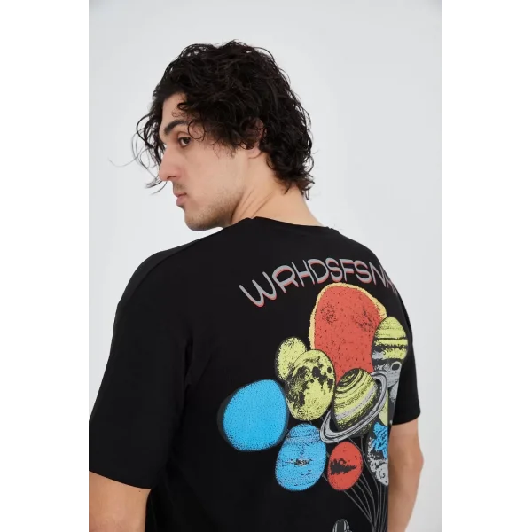 Erkek Penye Baskılı T-Shirt - Siyah