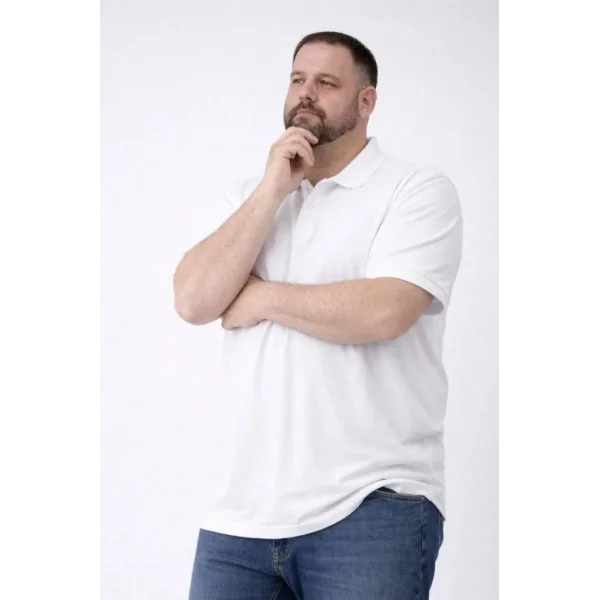 Erkek Pike Kumaş Düğmeli Yaka Battal Büyük Beden Günlük Kısa Kol Tişört T-shirt - Beyaz