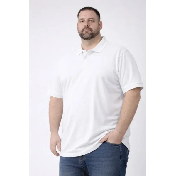 Erkek Pike Kumaş Düğmeli Yaka Battal Büyük Beden Günlük Kısa Kol Tişört T-shirt - Beyaz