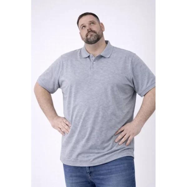 Erkek Pike Kumaş Düğmeli Yaka Battal Büyük Beden Günlük Kısa Kol Tişört T-shirt - Gri