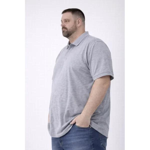Erkek Pike Kumaş Düğmeli Yaka Battal Büyük Beden Günlük Kısa Kol Tişört T-shirt - Gri