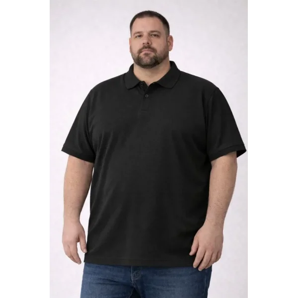 Erkek Pike Kumaş Düğmeli Yaka Battal Büyük Beden Günlük Kısa Kol Tişört T-shirt - Siyah