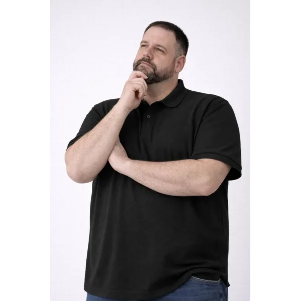 Erkek Pike Kumaş Düğmeli Yaka Battal Büyük Beden Günlük Kısa Kol Tişört T-shirt - Siyah