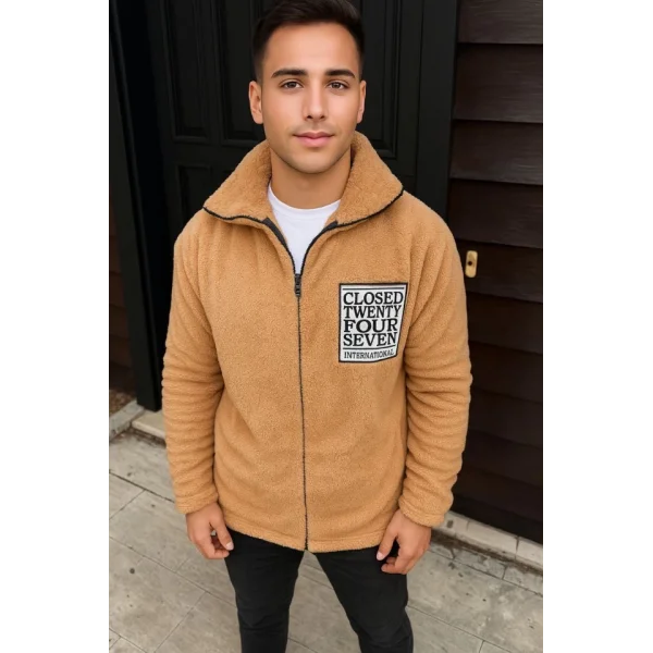 Erkek Polar Fermuarlı Sweatshirt – Kapüşonsuz, Cepli, Yumuşak Dokulu, Oversize Rahat Kalıp, Kışlık Sıcak Tutan Fermuarlı Üst - Kahverengi
