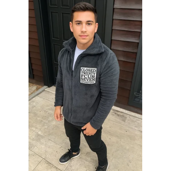 Erkek Polar Fermuarlı Sweatshirt – Kapüşonsuz, Cepli, Yumuşak Dokulu, Oversize Rahat Kalıp, Kışlık Sıcak Tutan Fermuarlı Üst - Füme