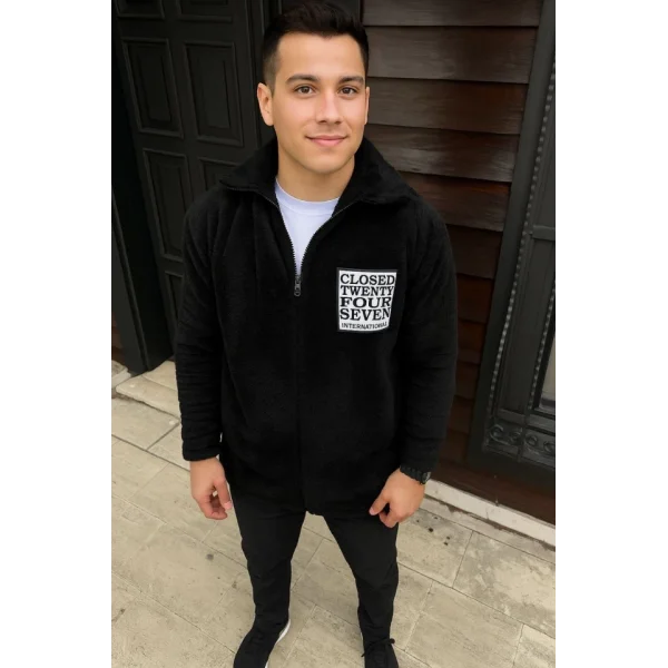 Erkek Polar Fermuarlı Sweatshirt – Kapüşonsuz, Cepli, Yumuşak Dokulu, Oversize Rahat Kalıp, Kışlık Sıcak Tutan Fermuarlı Üst - Siyah