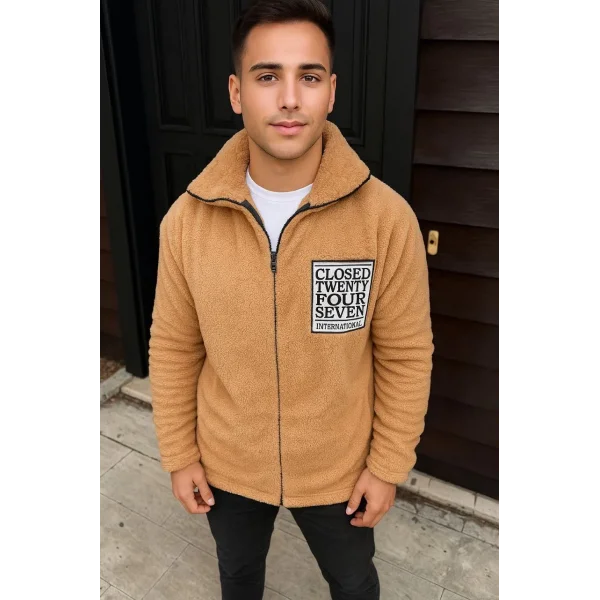Erkek Polar Fermuarlı Sweatshirt – Kapüşonsuz, Cepli, Yumuşak Dokulu, Oversize Rahat Kalıp, Kışlık Sıcak Tutan Fermuarlı Üst - Kahverengi