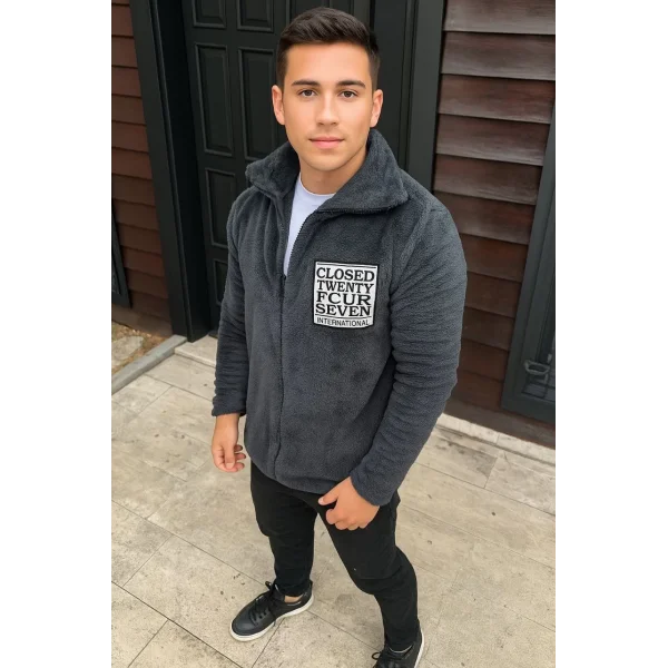 Erkek Polar Fermuarlı Sweatshirt – Kapüşonsuz, Cepli, Yumuşak Dokulu, Oversize Rahat Kalıp, Kışlık Sıcak Tutan Fermuarlı Üst - Füme