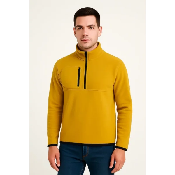 Erkek Polar Kazak – Dik Yaka, Yarım Fermuarlı, Fermuarlı Göğüs Cepli, Siyah Biyeli, Kışlık Rahat Regular Fit Günlük Model - Sarı
