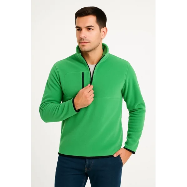 Erkek Polar Kazak – Dik Yaka, Yarım Fermuarlı, Fermuarlı Göğüs Cepli, Siyah Biyeli, Kışlık Rahat Regular Fit Günlük Model - Yeşil