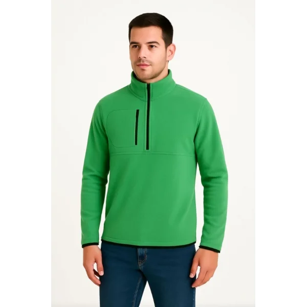 Erkek Polar Kazak – Dik Yaka, Yarım Fermuarlı, Fermuarlı Göğüs Cepli, Siyah Biyeli, Kışlık Rahat Regular Fit Günlük Model - Yeşil