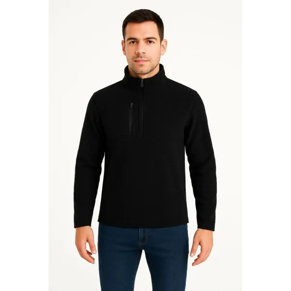 Erkek Polar Kazak – Dik Yaka, Yarım Fermuarlı, Fermuarlı Göğüs Cepli, Siyah Biyeli, Kışlık Rahat Regular Fit Günlük Model - Siyah