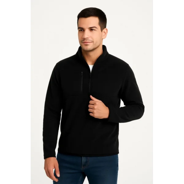 Erkek Polar Kazak – Dik Yaka, Yarım Fermuarlı, Fermuarlı Göğüs Cepli, Siyah Biyeli, Kışlık Rahat Regular Fit Günlük Model - Siyah