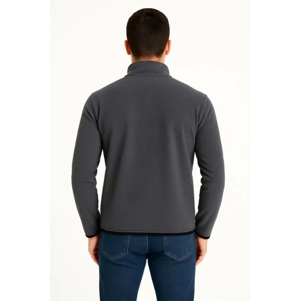 Erkek Polar Kazak – Dik Yaka, Yarım Fermuarlı, Fermuarlı Göğüs Cepli, Siyah Biyeli, Kışlık Rahat Regular Fit Günlük Model - Füme