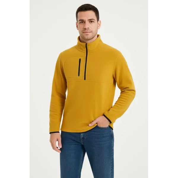 Erkek Polar Kazak – Dik Yaka, Yarım Fermuarlı, Fermuarlı Göğüs Cepli, Siyah Biyeli, Kışlık Rahat Regular Fit Günlük Model - Sarı