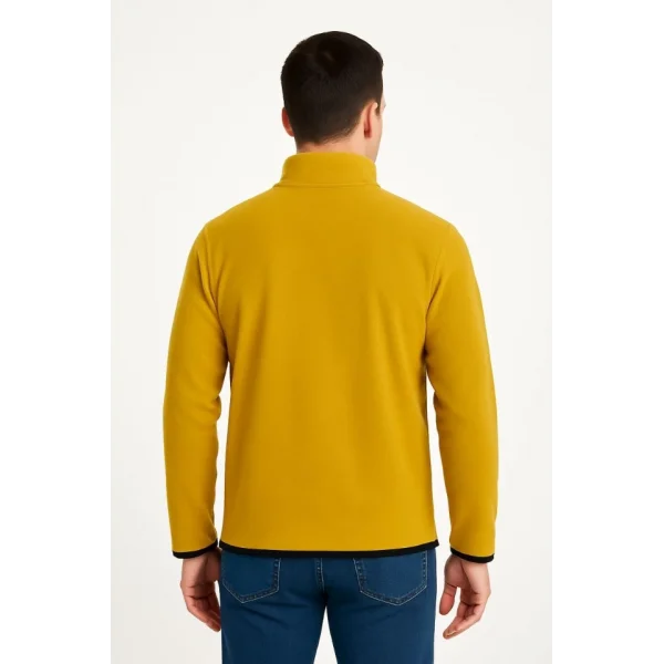 Erkek Polar Kazak – Dik Yaka, Yarım Fermuarlı, Fermuarlı Göğüs Cepli, Siyah Biyeli, Kışlık Rahat Regular Fit Günlük Model - Sarı