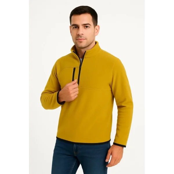 Erkek Polar Kazak – Dik Yaka, Yarım Fermuarlı, Fermuarlı Göğüs Cepli, Siyah Biyeli, Kışlık Rahat Regular Fit Günlük Model - Sarı