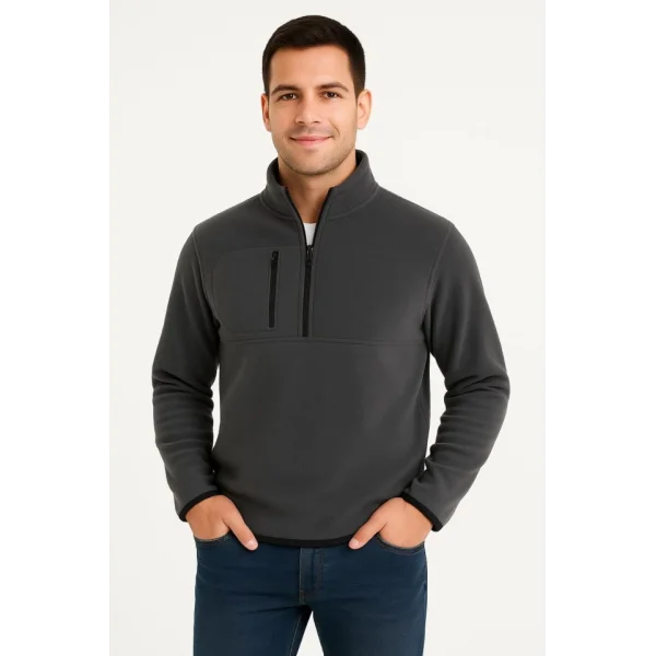 Erkek Polar Kazak – Dik Yaka, Yarım Fermuarlı, Fermuarlı Göğüs Cepli, Siyah Biyeli, Kışlık Rahat Regular Fit Günlük Model - Füme